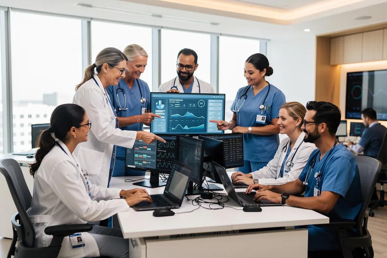 Healthcare performance data displayed on a screen in an operations setting